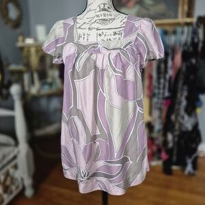 A.N.A 100% Silk Floral Babydoll Blouse - Lavender and Taupe Petite Small